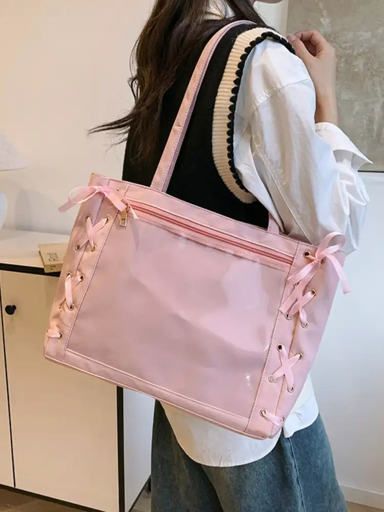 Lace-Up Trim Clear Panel Shoulder Bag
