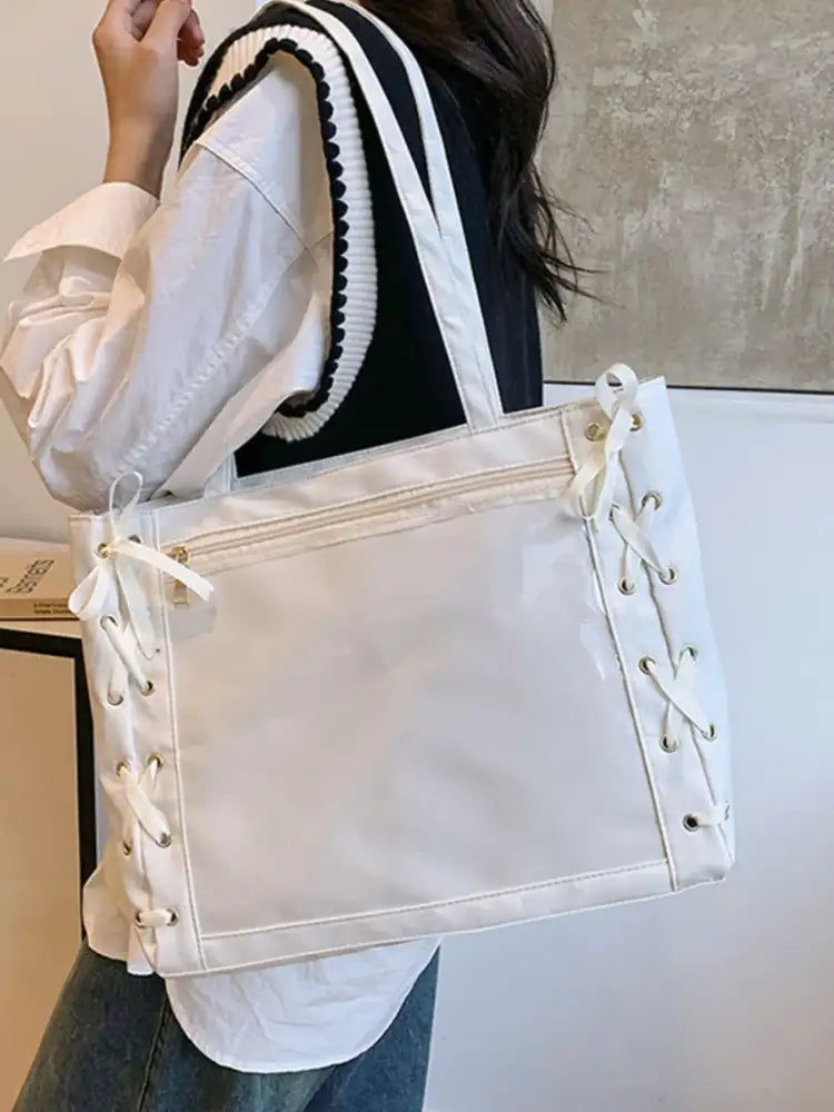 Lace-Up Trim Clear Panel Shoulder Bag
