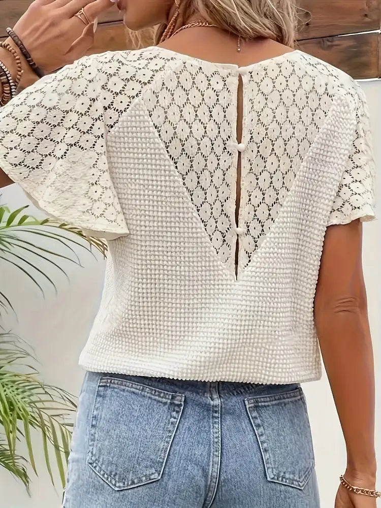 Lace V-Neck Flutter Sleeve Top