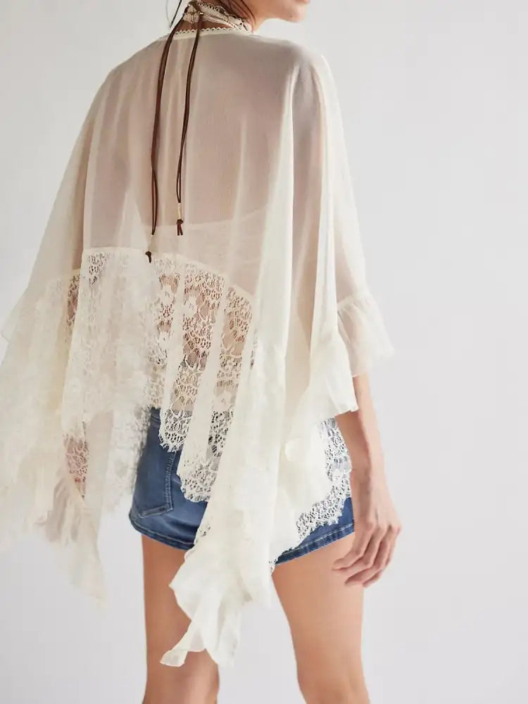 Lace V-Neck Ruffle Long Sleeve Cover-Up