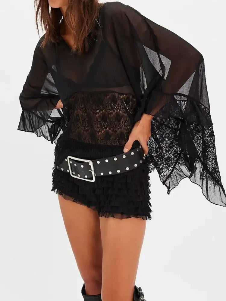 Lace V-Neck Ruffle Long Sleeve Cover-Up