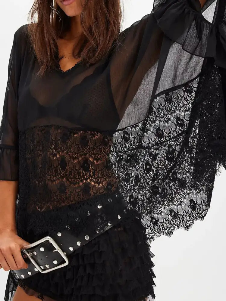Lace V-Neck Ruffle Long Sleeve Cover-Up