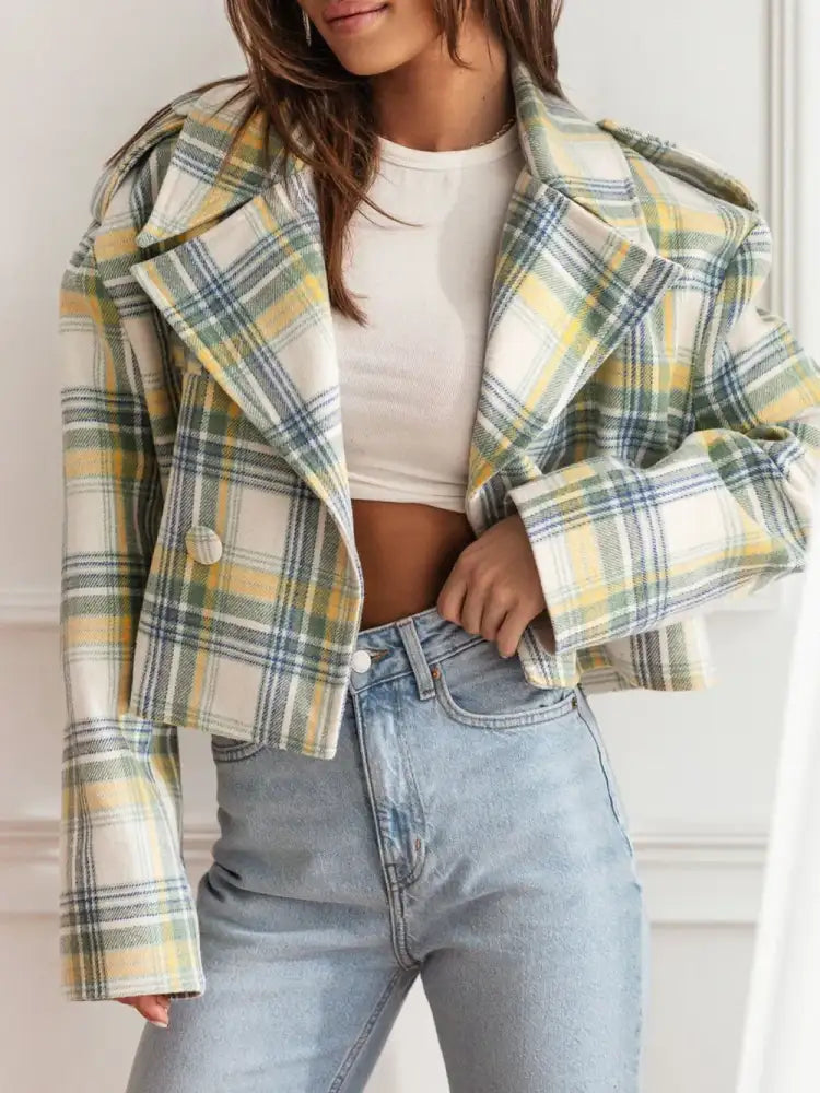 Lapel Collar Plaid Cropped Jacket