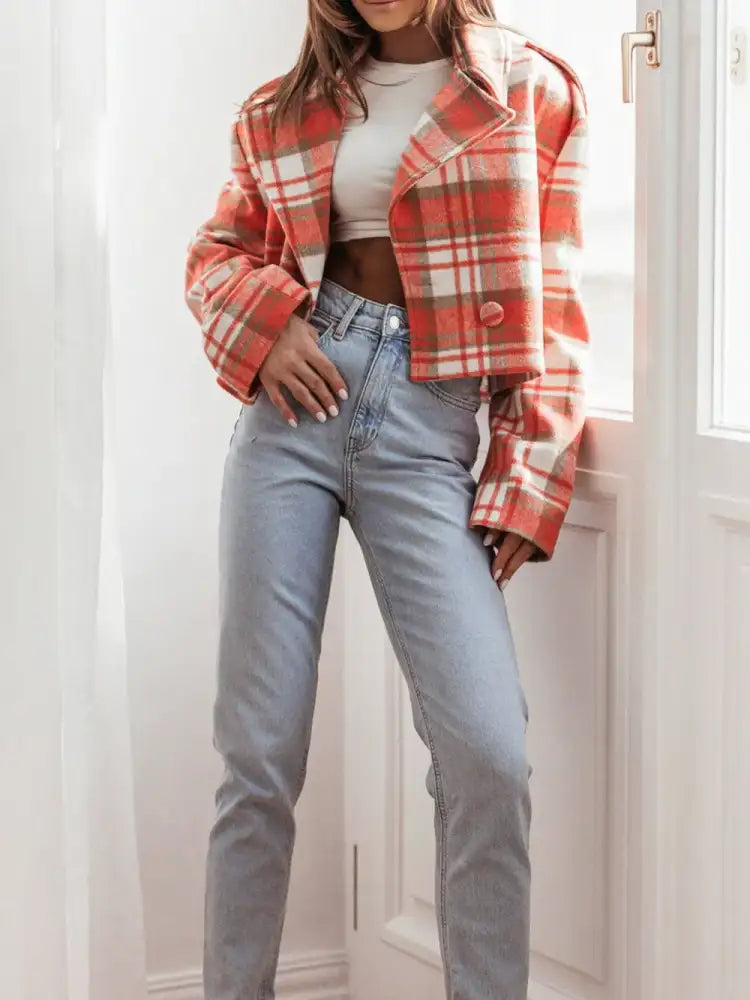 Lapel Collar Plaid Cropped Jacket