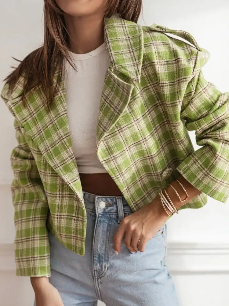 Lapel Collar Plaid Cropped Jacket