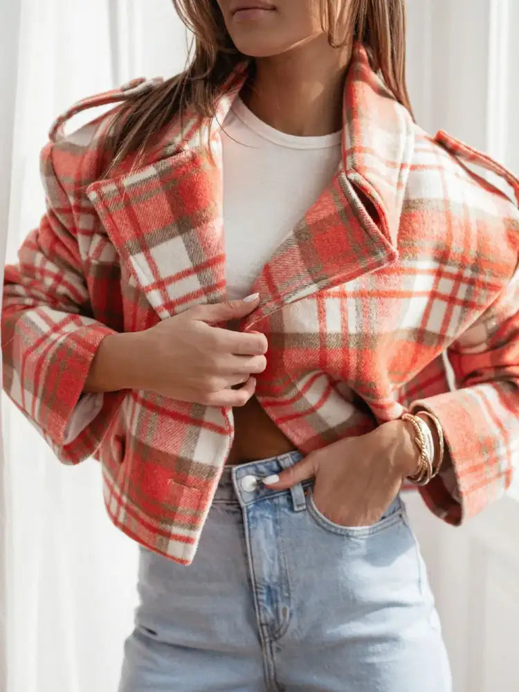 Lapel Collar Plaid Cropped Jacket