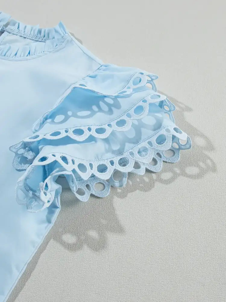 Layered Ric Rac Short Sleeve Filled Neck Blouse