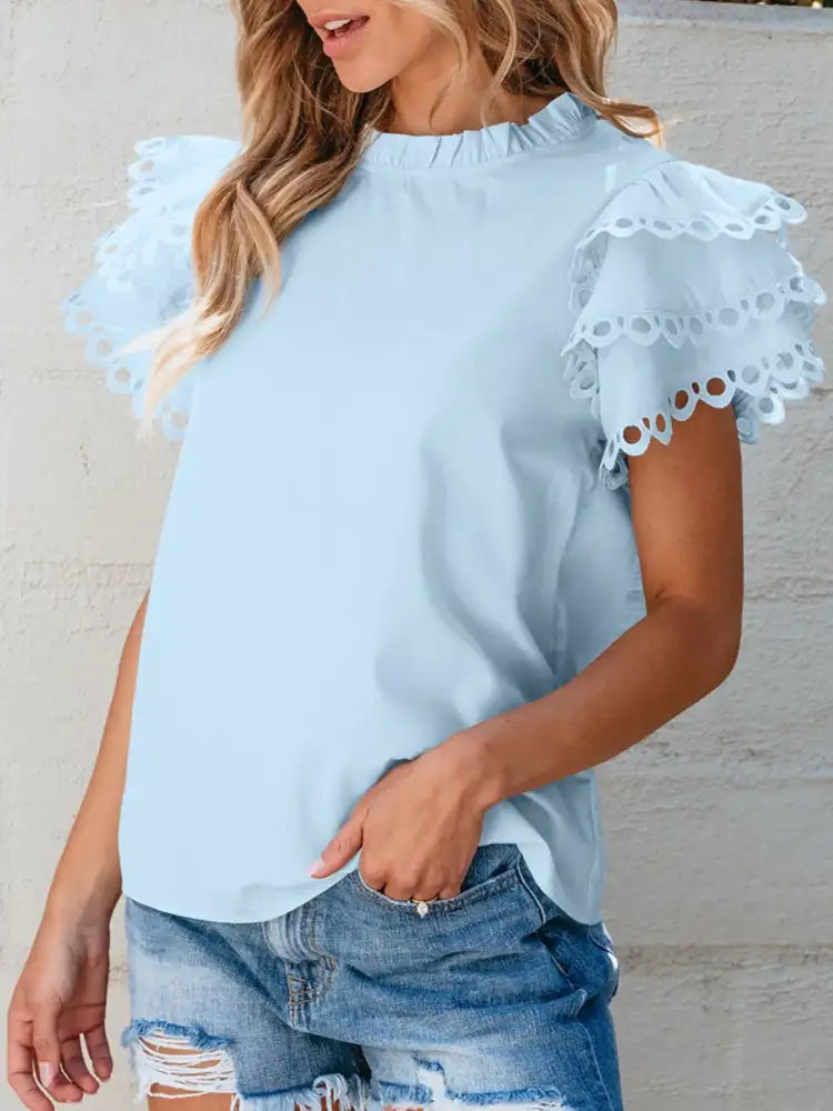 Layered Ric Rac Short Sleeve Filled Neck Blouse