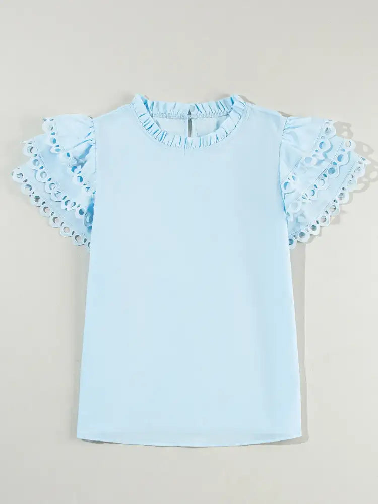Layered Ric Rac Short Sleeve Filled Neck Blouse