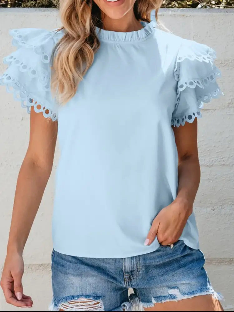 Layered Ric Rac Short Sleeve Filled Neck Blouse