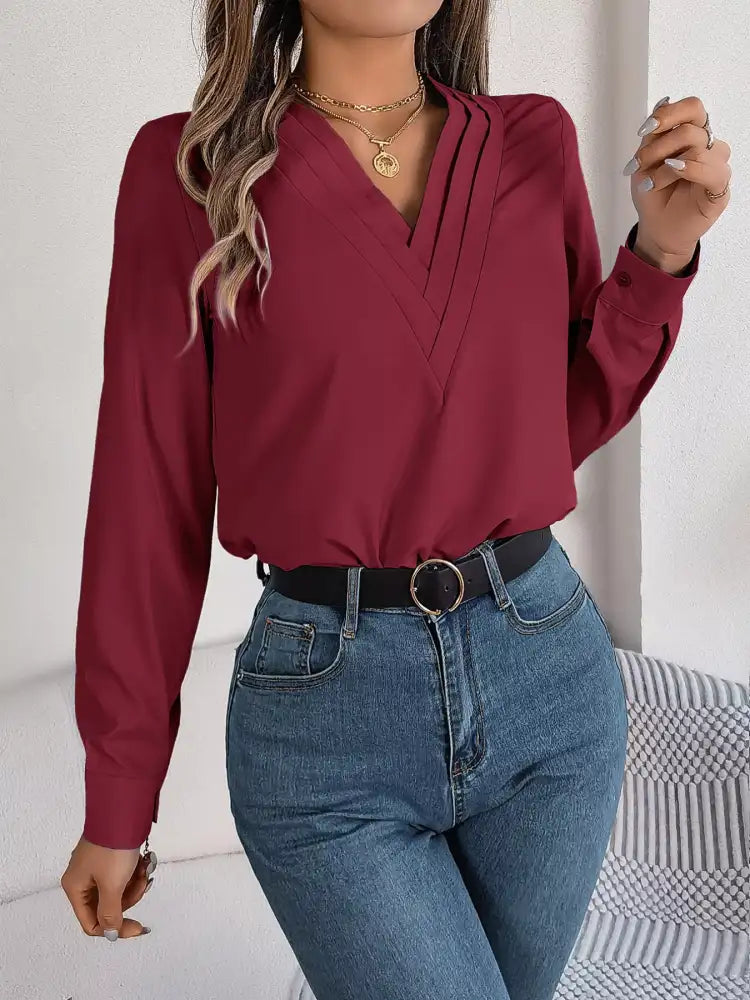 Layered V-Neck Long Sleeve Blouse