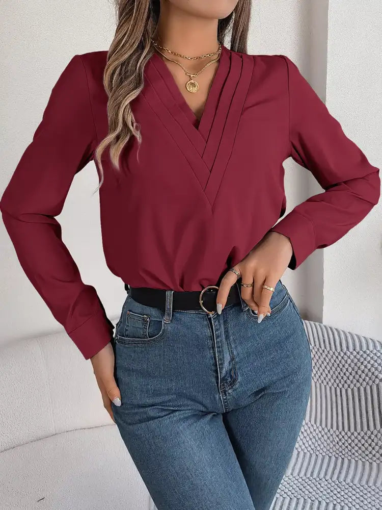 Layered V-Neck Long Sleeve Blouse