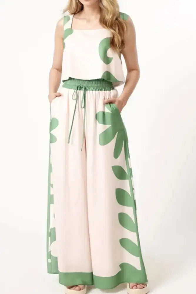 Leaf Print Tank Top and Pants Set