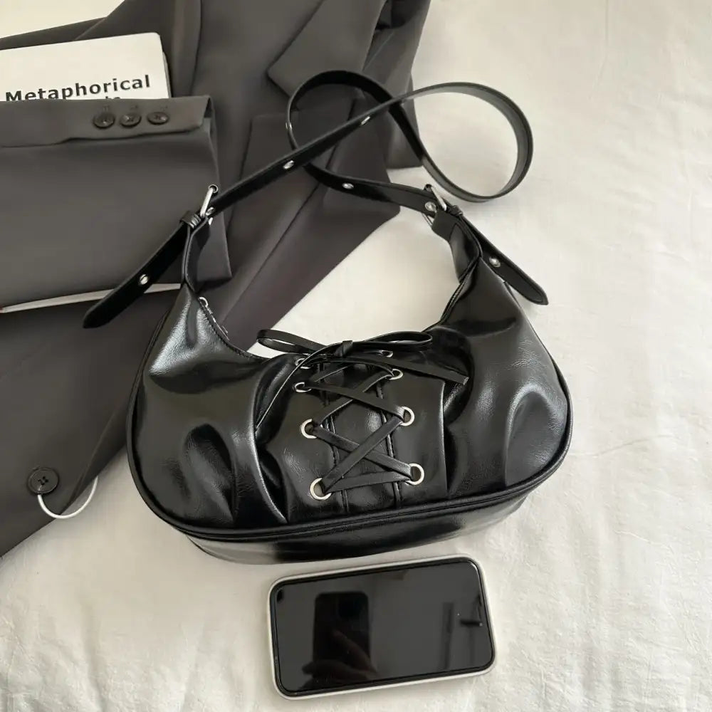 Leather Lace-Up Detail Shoulder Bag