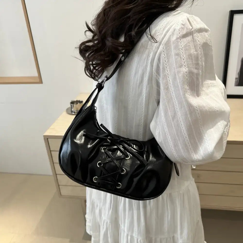 Leather Lace-Up Detail Shoulder Bag