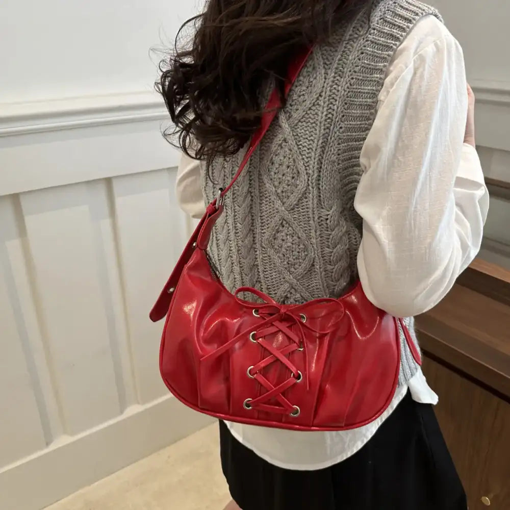 Leather Lace-Up Detail Shoulder Bag