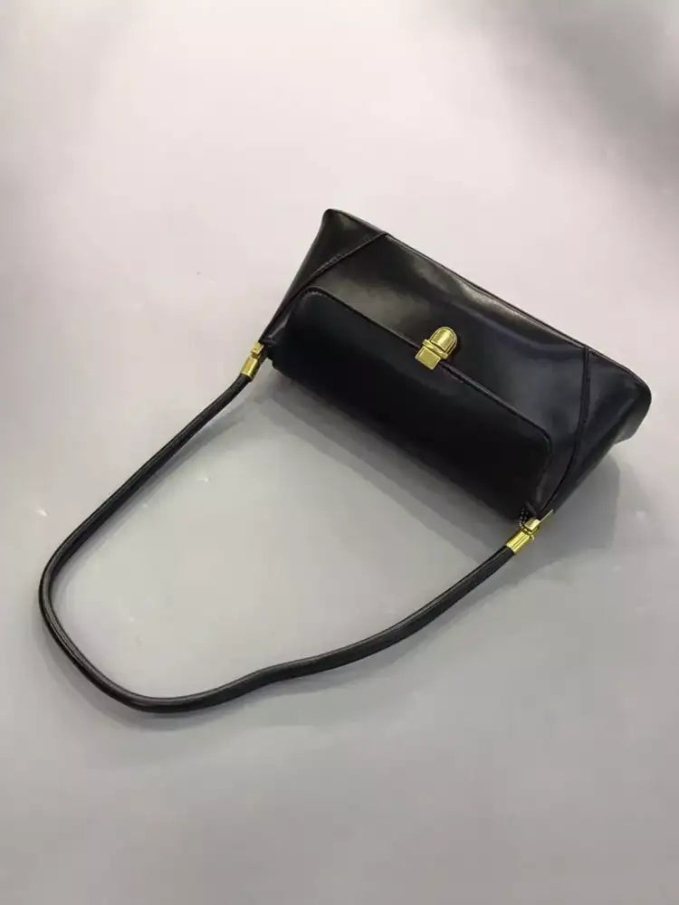 Leather Shoulder Bag with Golden Clasp