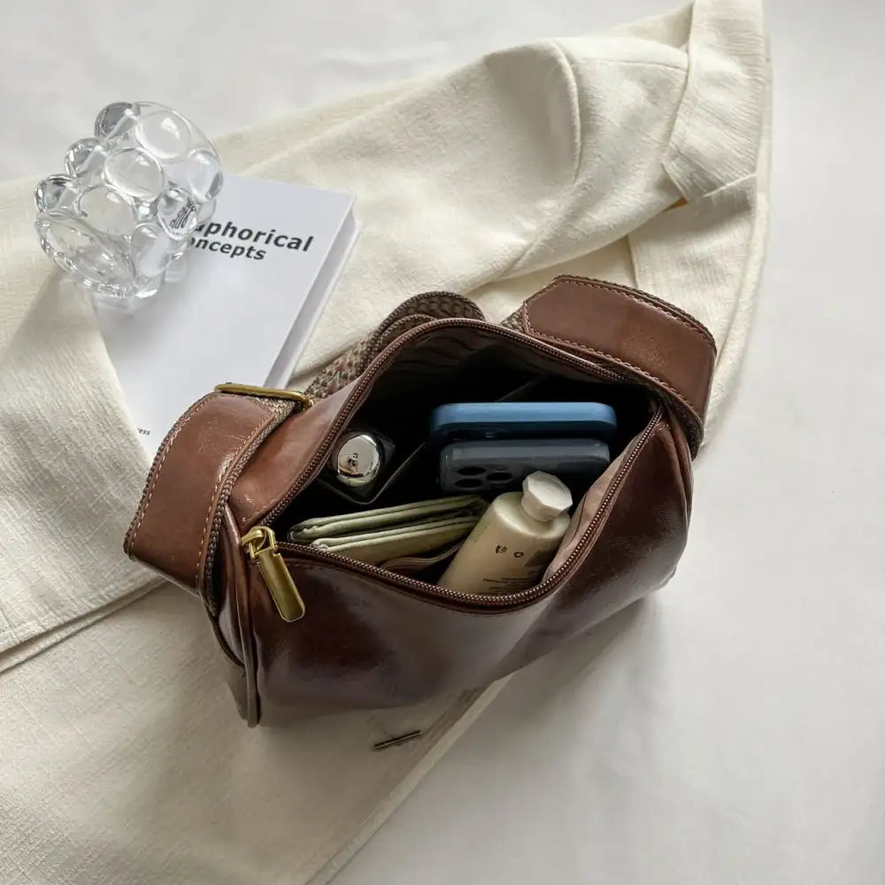 Leather Shoulder Bag with Woven Strap