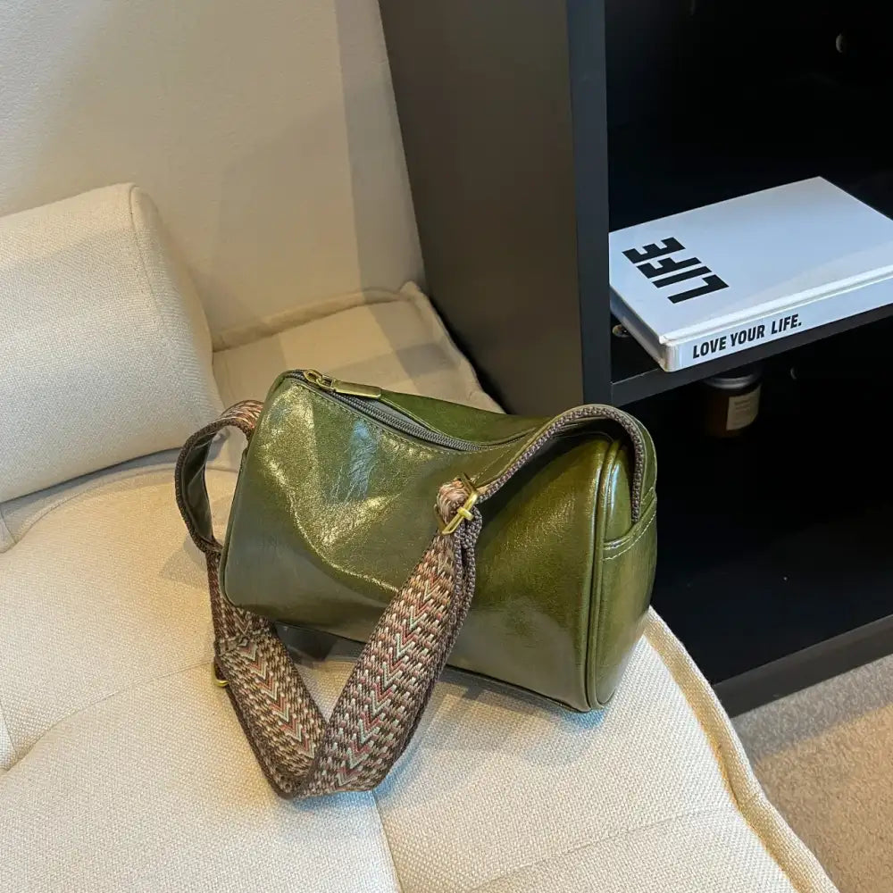 Leather Shoulder Bag with Woven Strap