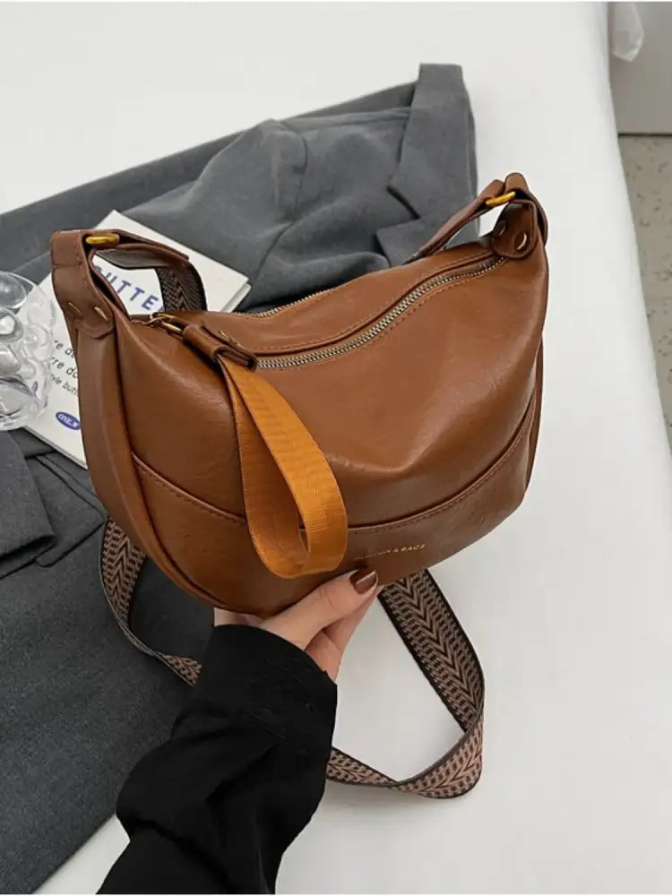 Leather Shoulder Bag with Woven Strap