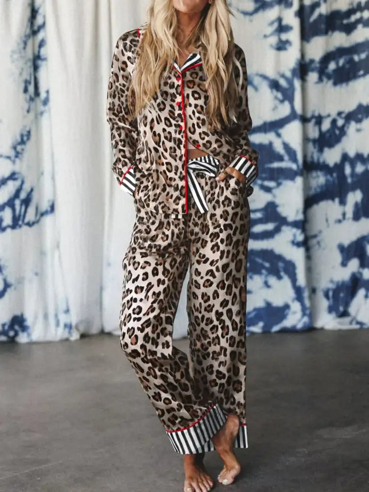 Leopard and Striped Trim Shirt and Pants Set