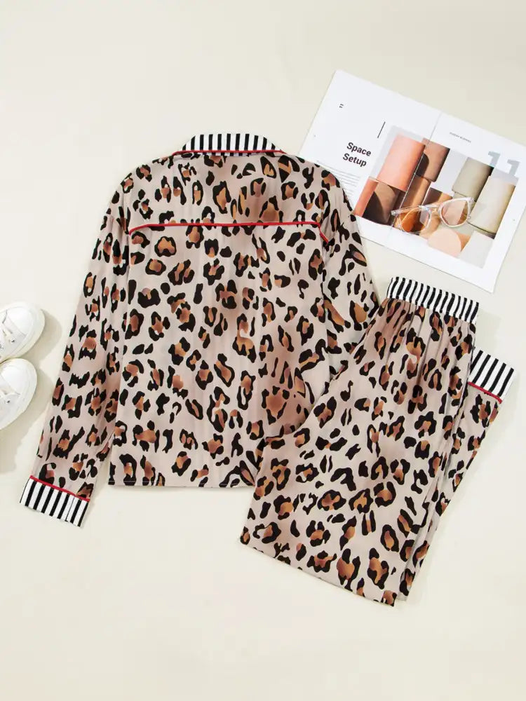 Leopard and Striped Trim Shirt and Pants Set