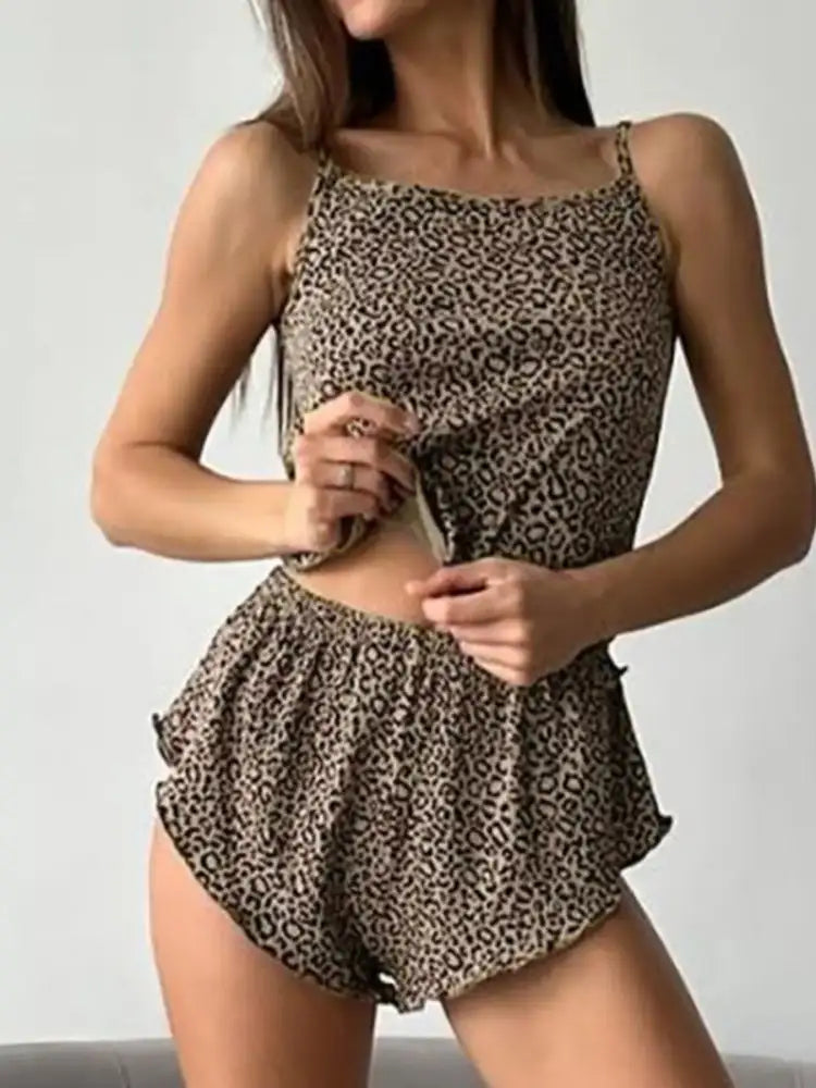 Leopard Cami Cardigan and Shorts 3-Piece Set