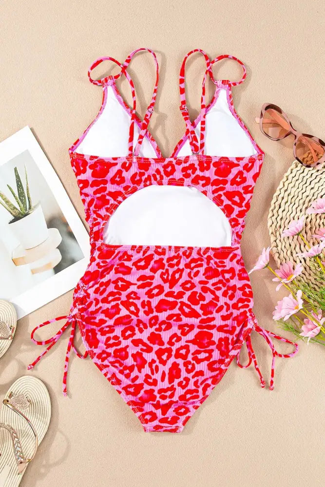 Leopard Cutout Ribbed Side Drawstring One-Piece Swimsuit