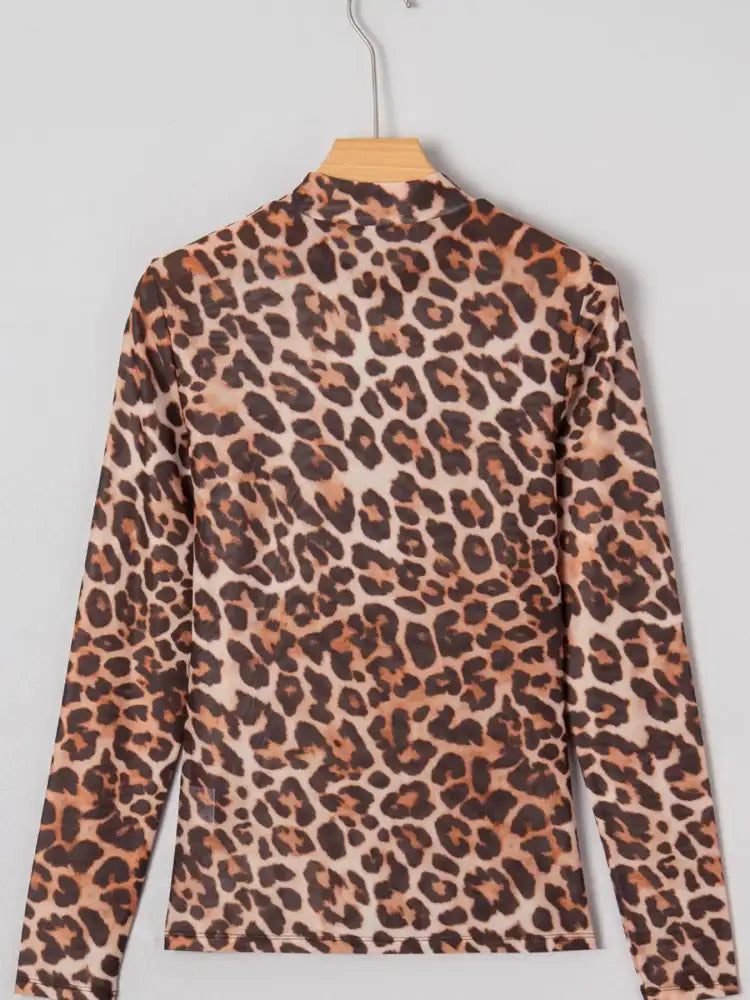 Leopard Mock Neck Long Sleeve Mesh Top