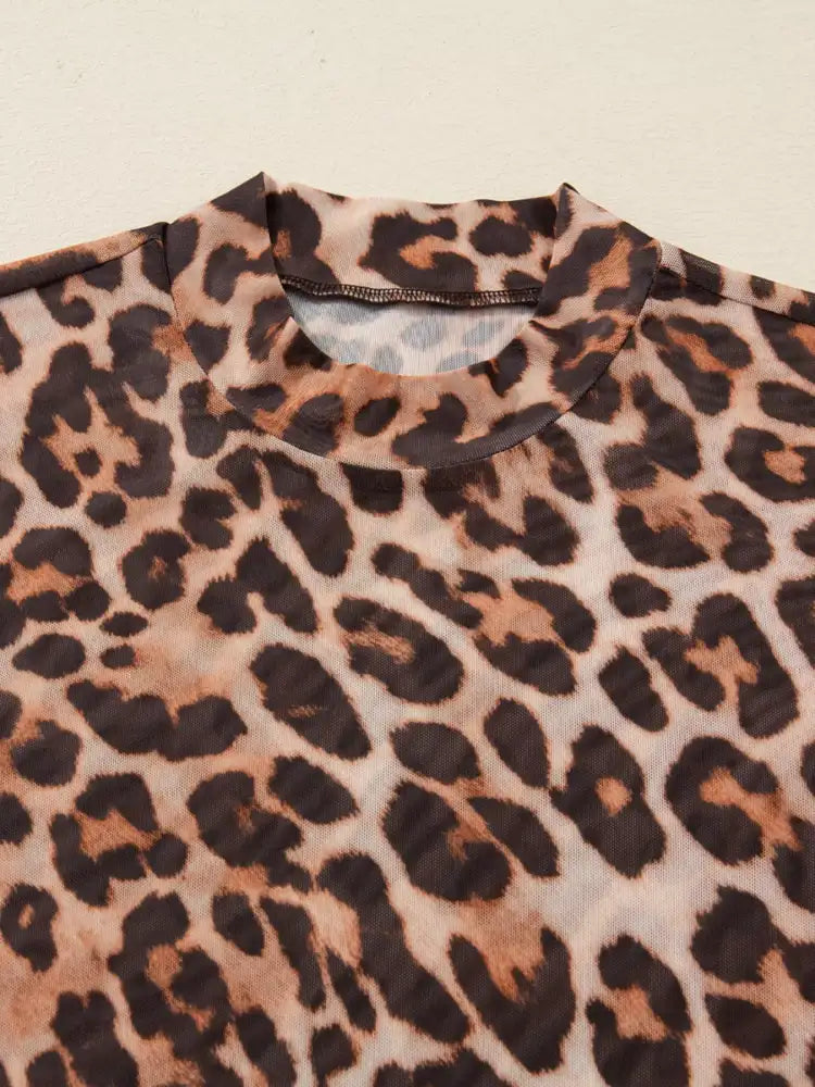 Leopard Mock Neck Long Sleeve Mesh Top