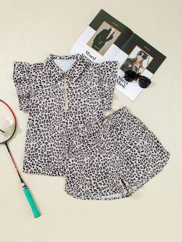 Leopard Print Cap Sleeve Top and Shorts Summer Set