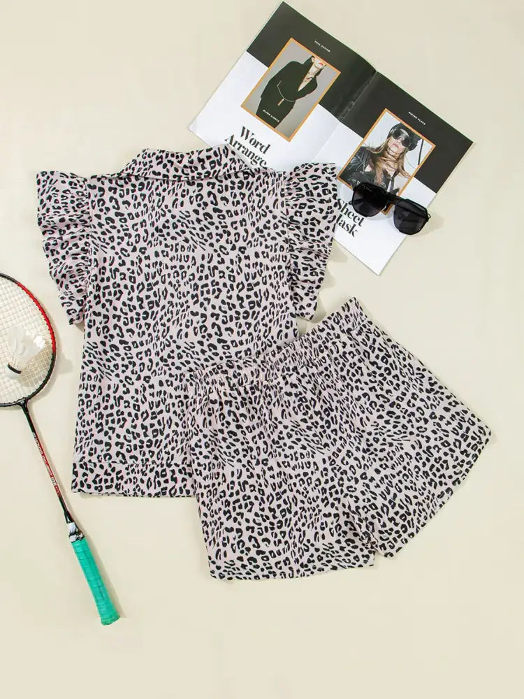 Leopard Print Cap Sleeve Top and Shorts Summer Set