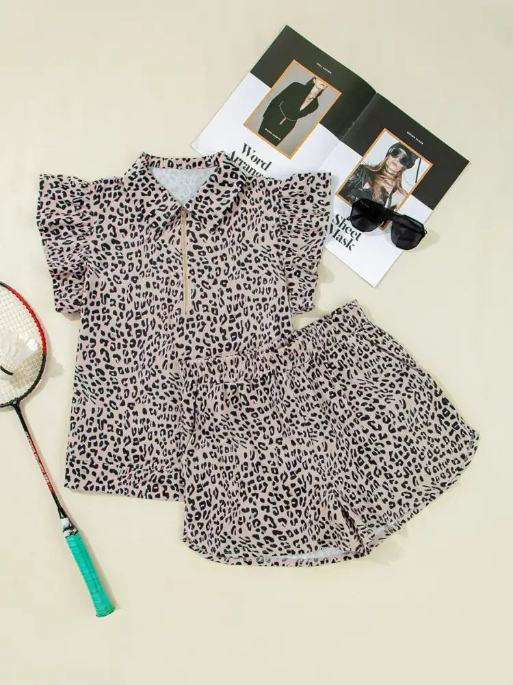 Leopard Print Cap Sleeve Top and Shorts Summer Set
