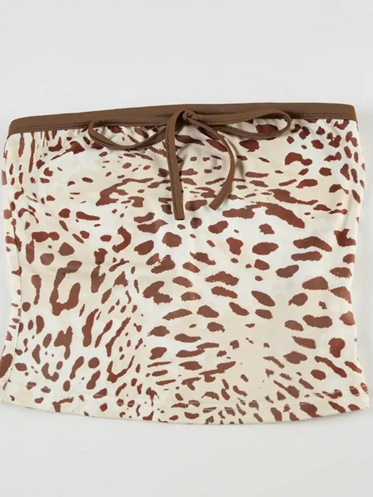 Leopard Print Strapless Top and Skirt Two-Piece Set