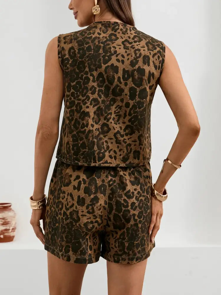 Leopard Print Tie Front Tank and Shorts Denim Set