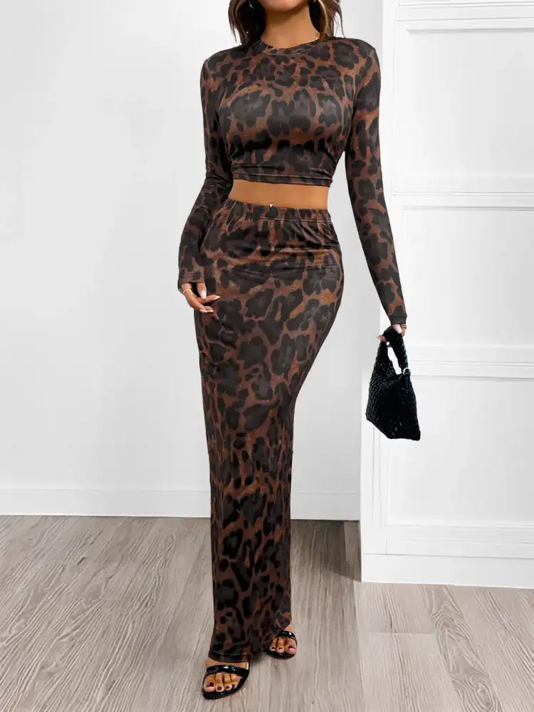 Leopard Round Neck Top and Skirt Set