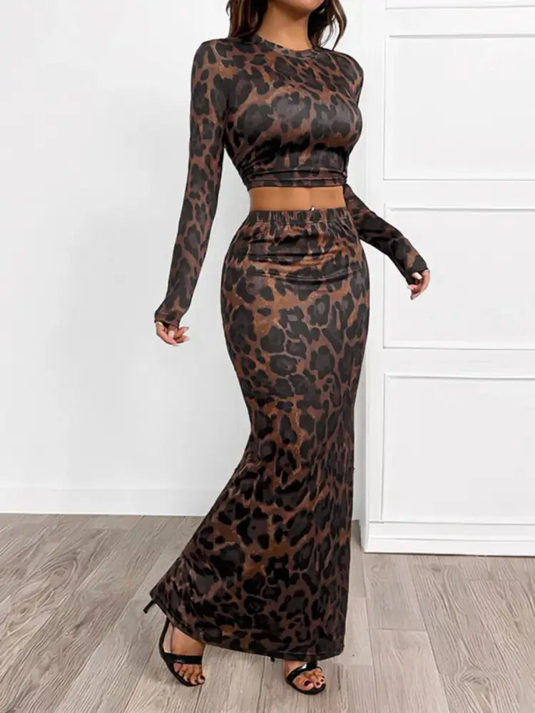 Leopard Round Neck Top and Skirt Set