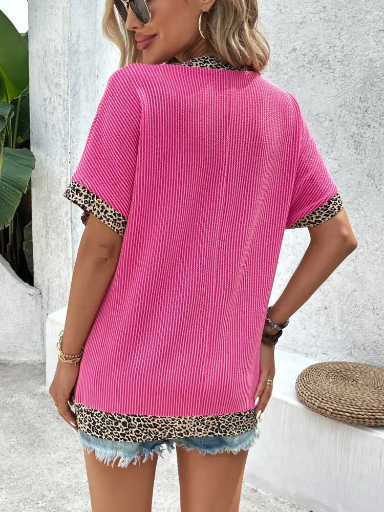 Leopard Trim Ribbed V-Neck T-Shirt