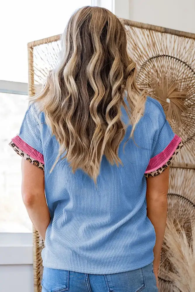 Leopard Trim Round Neck Ribbed T-Shirt