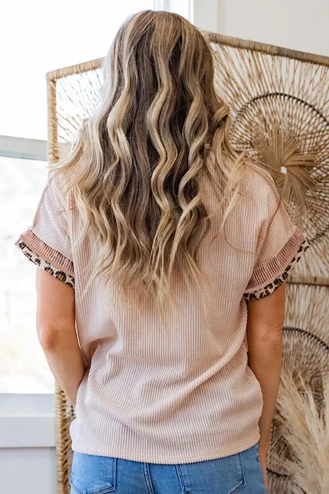 Leopard Trim Round Neck Ribbed T-Shirt