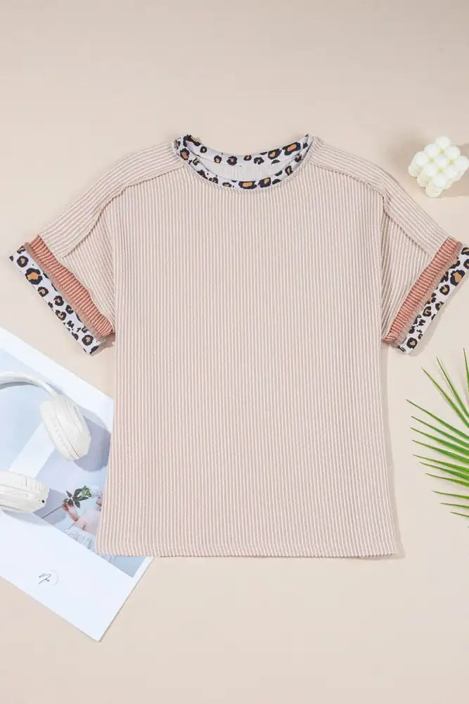 Leopard Trim Round Neck Ribbed T-Shirt