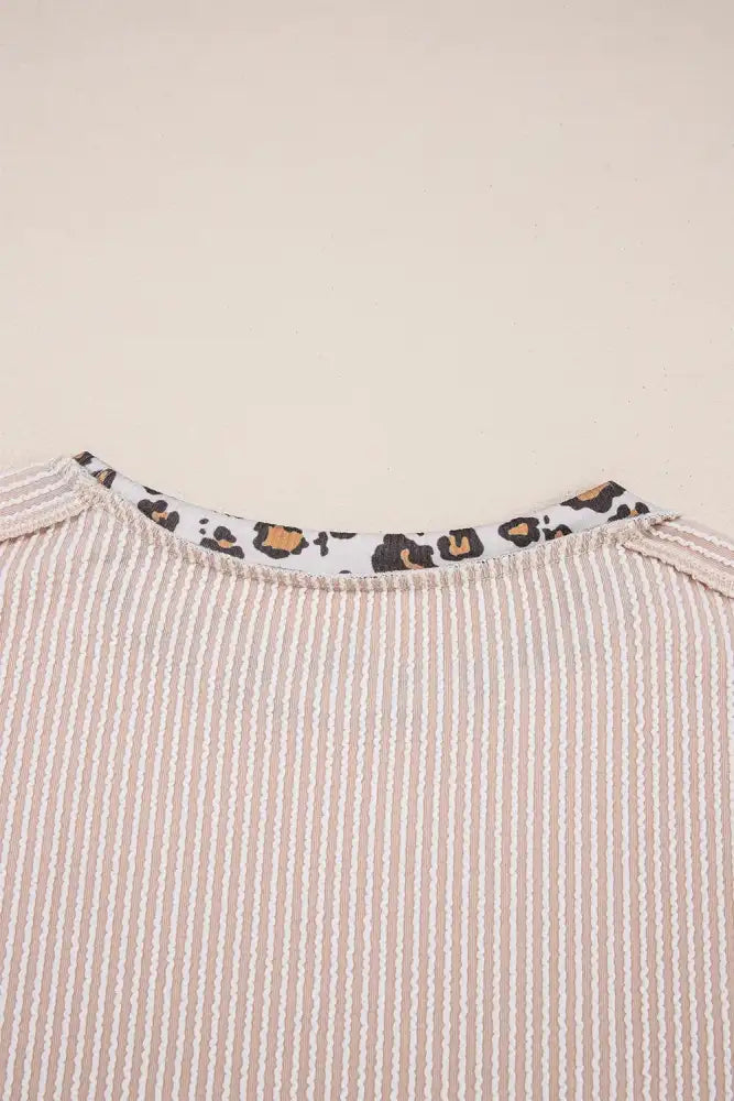 Leopard Trim Round Neck Ribbed T-Shirt
