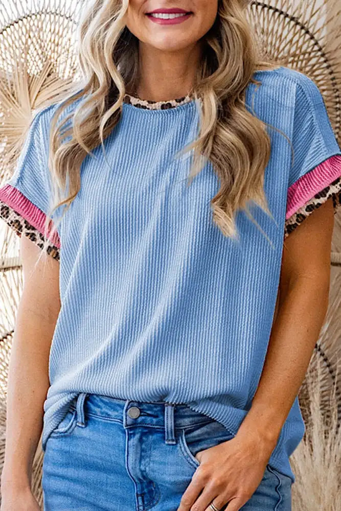 Leopard Trim Round Neck Ribbed T-Shirt