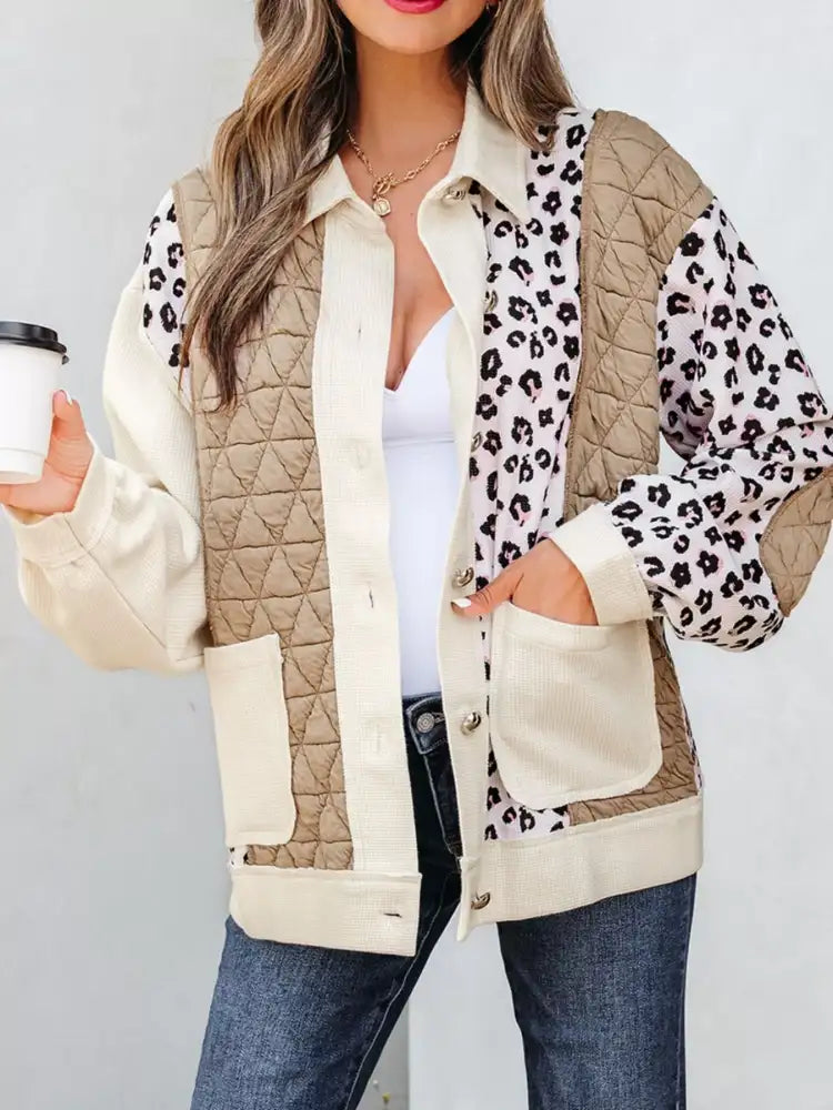 Leopard Waffle Quilted Patchwork Button Front Jacket