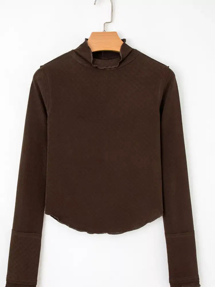 Lettuce Trim Raw Seam Patchwork Jacquard Long Sleeve Top