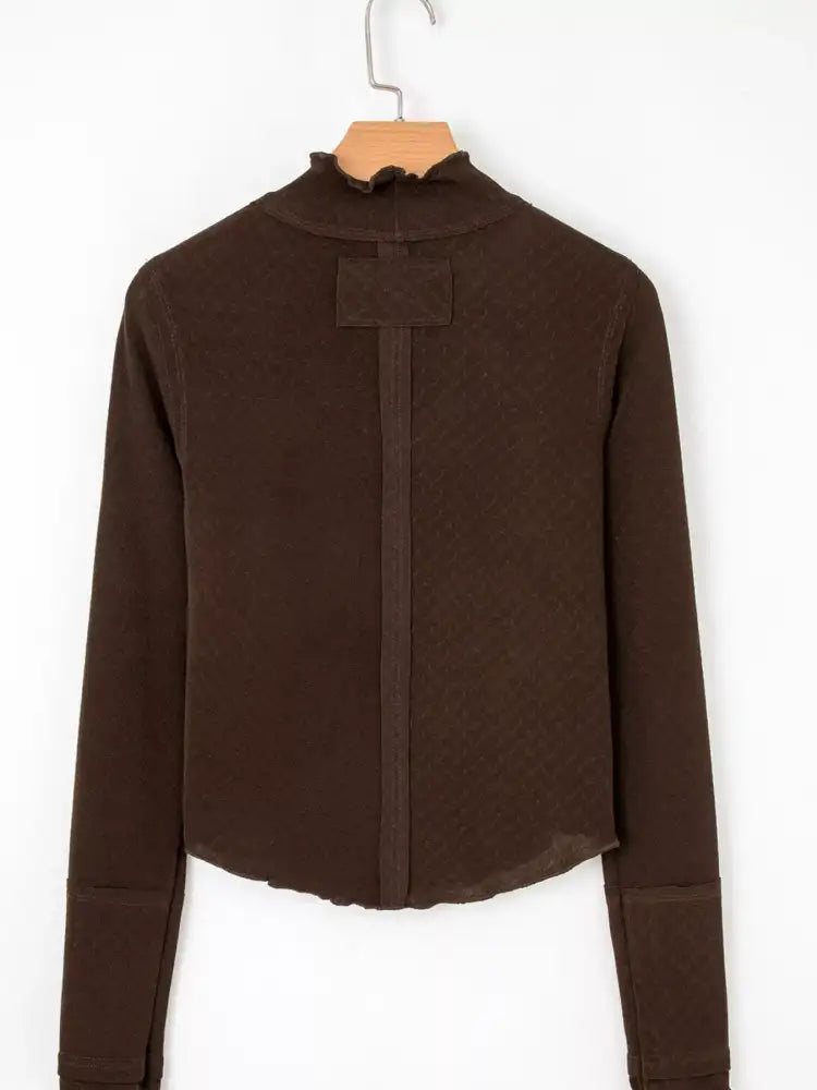 Lettuce Trim Raw Seam Patchwork Jacquard Long Sleeve Top