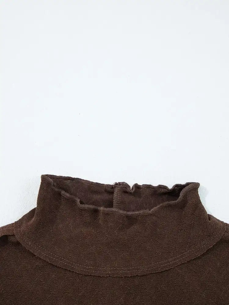 Lettuce Trim Raw Seam Patchwork Jacquard Long Sleeve Top