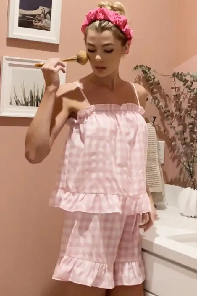 Lime ’N’ Chili Gingham Ruffle Trim Cami and Shorts Pajama Set