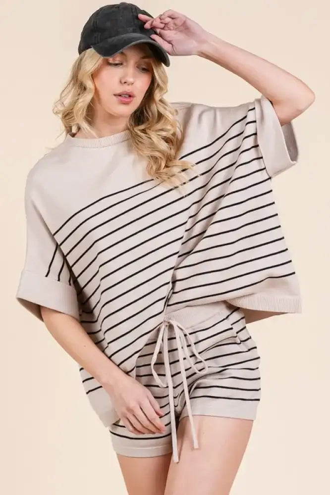 Lime ’N’ Chili Striped Folded Half Sleeve Top and Shorts Set