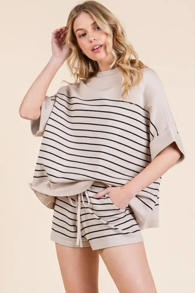 Lime ’N’ Chili Striped Folded Half Sleeve Top and Shorts Set